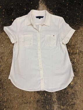 Tommy Hilfiger White Linen Short Sleeve Button Front Shirt | womens medium
